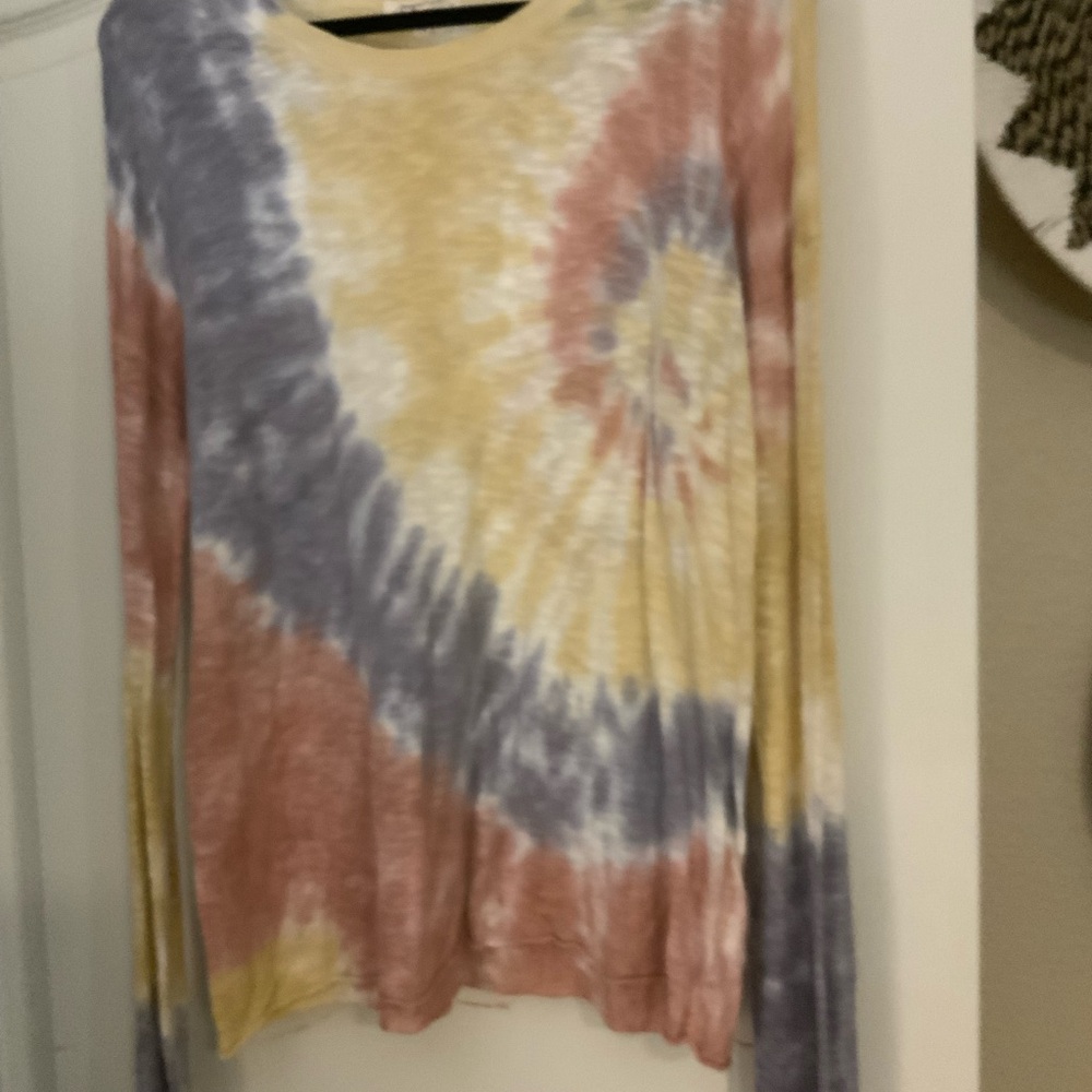 Mystree yellow, slate blue and mauve tie dye knit top